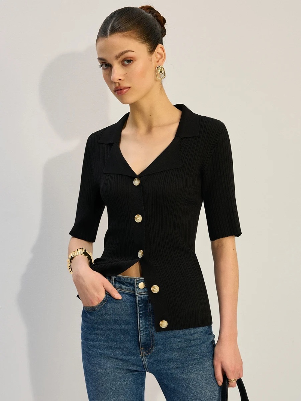 Commense Black Ribbed Short-Sleeve Notch-Collar Button Shirt